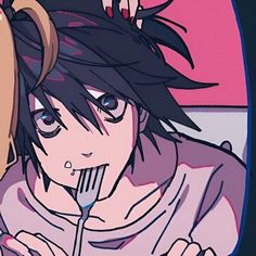 an anime character with black hair holding a fork in his mouth