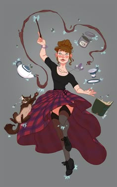 a woman in a dress holding an umbrella with cats and other objects flying around her