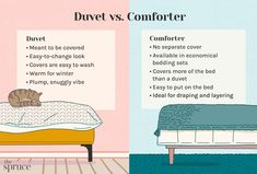 the differences between duvet and comforter are shown in two separate images, one with a cat sleeping on it