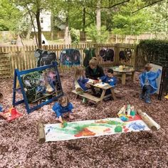 an adult and children's art class in the backyard with easels on the ground