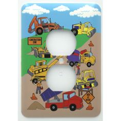 a children's light switch plate with construction vehicles on the front and back cover