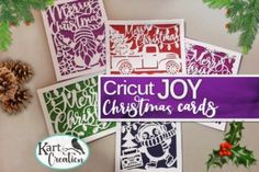 christmas cards with the words cricut joy on them next to pine cones and evergreen leaves