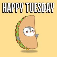 an image of a cartoon character holding a burrito with the words happy tuesday on it