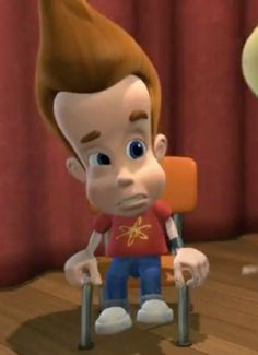 a cartoon character sitting in a chair looking at another character standing behind him with his head down