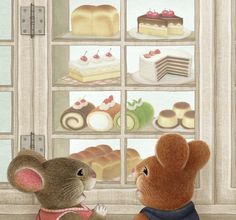 two brown teddy bears sitting next to each other in front of a window filled with cakes