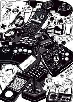 black and white drawing of various electronic gadgets on a table with remotes, keyboards, phones, etc