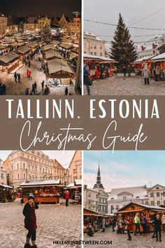 the town square with people walking around it and christmas trees in the foreground, along with