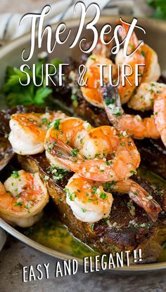 the best surf and turf with easy & elegant shrimp on toasted bread, served in a white bowl