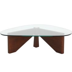 a glass and wood coffee table with an arrow shaped design on the top, against a white background