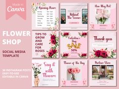 the flower shop social media postcard template is displayed in pink and red colors with flowers