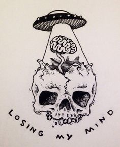 a drawing of a skull with a flying saucer above it