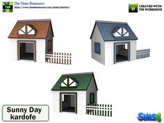 three different types of dog houses with windows and doors on each side, one has a green roof and the other two have brown shingled roofs