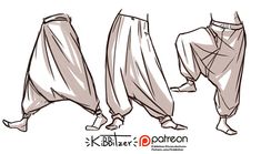 three different types of pants with the legs extended