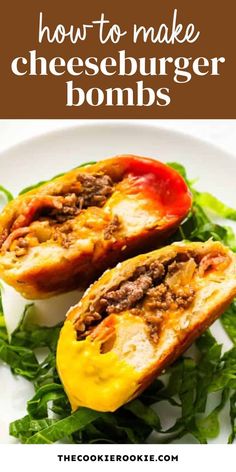 two stuffed cheeseburgers on a plate with lettuce