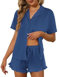 PRICES MAY VARY. 【High Quality Material】: The Super Soft Pajama Set is made for 95%Polyester5%Spandex. Ultra Soft Ekouaer Sleepwear, brings you more Breathble, Comfortable and Skin-Friendly Feeling 【Pajama Top】:Women's short sleeve pajamas set with solid color, sleepshirt hits at hip , turn-down collar, Full Button Design is easy to put on and take off 【Pajama Bottoms】:Two piece pajama set for women featuring classic casual loungewear set style, featuring short sleeve top and pants for relaxed f Boxer Shorts For Women, Bridal Sleepwear, Soft Pajamas, Cute Pajamas, Set Style, Bedroom Hotel, Classic Casual, Short Sleeve Pattern, Pajama Party