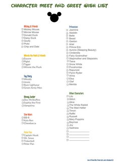 the disney character meet and greet list is shown in this printable version, which includes characters