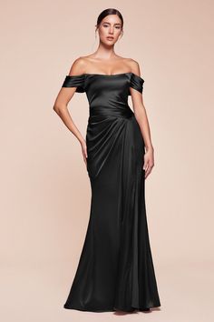 The fitted Emerson Gown features a stunning sweetheart off-the-shoulder design with a gathered hipline and an elegant leg slit, crafted from luxe satin. The structured boned bodice provides excellent support, while the lace-up corset back can drape around the neck for a unique twist. Perfect for bridesmaids, wedding guests, or formal events, this dress combines sophistication and allure effortlessly. Make a statement at your next occasion with this exquisite gown! Fitted Luxe Satin Gown Sweethea Fitted Gown, Satin Evening Gown, Colorful Dresses Formal, Cinderella Divine, Lace Up Corset, Boned Bodice, Black Dress Formal, Timeless Dress, Corset Back