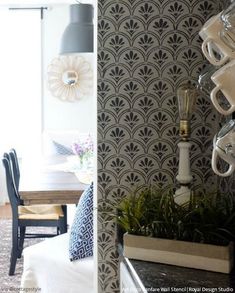 a living room filled with furniture next to a dining room table and wallpapered walls