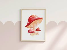 there is a painting on the wall with two mushrooms in it and one mushroom has red spots