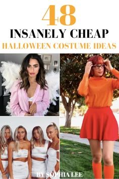 four photos of women in orange and white outfits with text that reads, 48 insanely cheap halloween costume ideas