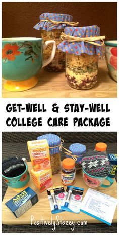 two mugs with the words get - well and stay - well college care package