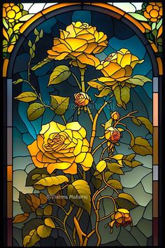 a stained glass window with yellow roses on it