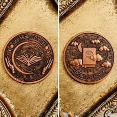 two pictures of the same coin with different symbols on it, and one has an image of a book