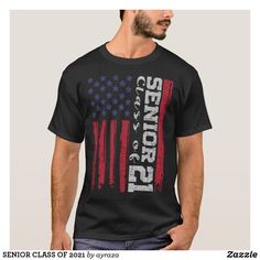 a man wearing a black t - shirt with an american flag and the words senior high on it