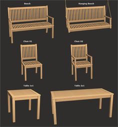 four different types of benches and tables with measurements for each bench, including the seat height