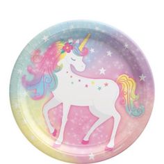 a paper plate with an image of a unicorn on the front and stars in the back