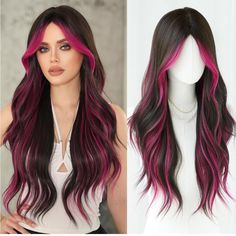 31in Natural Black Long Wavy Rose Pink Highlight Wigs With Curtain Bangs Natural Heat Resistant Synthetic Fiber Pink Tip Hair, Dark Brown Hair With Pink Highlights, Pink Highlight Wig, Wigs With Curtain Bangs, Easy Hair Drawings, Highlight Wigs, Dye Styles, Hair Drawings, Edgy Hair Color