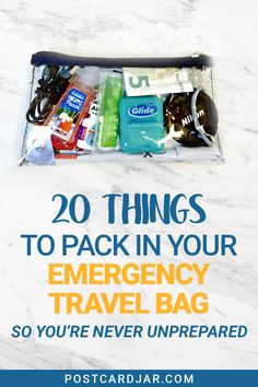 an emergency travel bag with the title 20 things to pack in your emergency travel bag