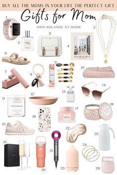 the gift guide for moms in pink and white with text overlay that reads, buy