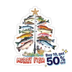 a christmas tree made out of fish with the words merry fish 50 % off on it