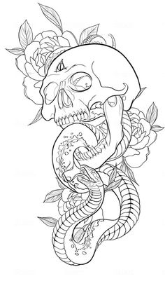 a drawing of a snake and skull with roses on it's head, in black and