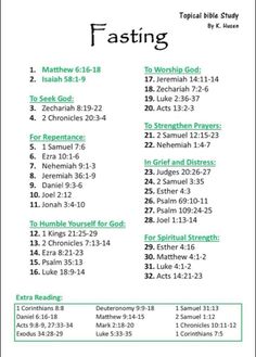 the table of contents for fasting, including numbers 1 - 8 and ten commandments