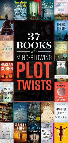 the book cover for 37 books with plot twists in different colors and font, all on one page