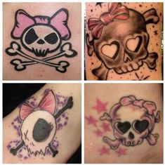 four pictures of different tattoos with skulls and hearts