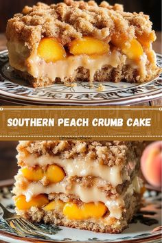 two pieces of peach crumb cake sitting on top of a white and brown plate