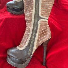 Brand New, Never Worn Distressed Leather 2 Colors Brown And Tan Platforms Boots, 5 Inches Heels, 1.5 “ Platform . They Been In The Attic For A Long Time So If You’re A Sensitive Smelter I Don’t Recommend. No Box Brown High Heels With Zipper Closure, Platforms Boots, Two Lips, Ethiopian Opal Ring, The Attic, Colors Brown, 5 Inch Heels, Distressed Leather, Heel Boots