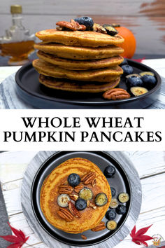 Whole wheat pumpkin pancakes stack with coconut oil, spelt flour, oat flour, vinegar, cinnamon, and nutmeg, topped with blueberries, pecans, and maple syrup Healthy Pumpkin Pancakes, Fluffy Pumpkin Pancakes, Pumpkin Pancakes Easy, Fall Recipes Breakfast, Pumpkin Pancake Recipe, Pumpkin Pancakes, Fall Breakfast, Fall Flavors, Candied Pecans