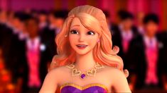 the barbie doll is wearing a purple dress