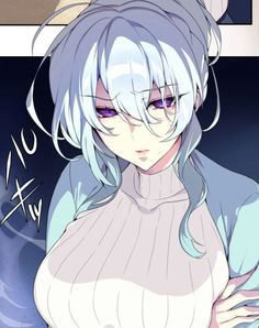 an anime character with long white hair and blue eyes, wearing a turtle neck sweater