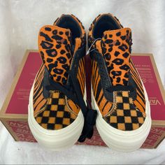 New In Open Top Box, No Lid! Authentic Vans X Billy's Bold Ni Sp Skate Shoes The Bold Ni Sports A Bright Orange Colorway Made Up Of Contrasting Patterns All Around. Covering The Tongue Is A Leopard Print, Followed By A Checkerboard Design At The Toebox. Stretching From The Heel To The Forefoot Are Faux-Crocodile Leather Strips That Separate The Shoe’s Leopard-Clad Collars From Its Lower Zebra-Striped Body. Animal Print Sneakers, White Slip On Vans, Maroon Vans, Vans Slip On Shoes, Floral Vans, Yellow Vans, Black And White Vans, Vans Yellow, Brown Womens Shoes