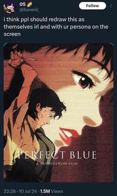 an anime poster with the words perfect blue on it