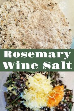 rosemary wine salt and other ingredients on a plate with text overlay that reads rosemary wine salt