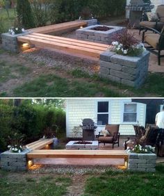 two pictures side by side one shows a fire pit and the other shows a patio