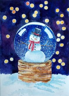 a watercolor painting of a snow globe with a snowman in it on top