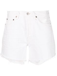 white cotton denim high waist belt loops front button and zip fastening classic five pockets raw-cut hem Eat Bulaga, White Jean Shorts, Summer Capsule Wardrobe, White Denim Shorts, Shorts White, Short Jeans, Distressed Denim Shorts, High Waisted Shorts Denim, Denim Shorts Women