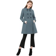 Take on chilly winter with this stylish midi-length coat with its chic stand collar design and double-breasted details. It is finished with a stand collar and slant pockets. Keep cozy and chic all at once with this coat. A chic cut for a simple and sophisticated coat that saves a bit of flare for the soft, warm fabric. Pull it on over your favorite work or dressy nighttime looks for a stunning, polished ensemble. Spring Outerwear With Stand Collar And Double Button Closure, Stand Collar Outerwear For Office, Solid Pea Coat With Stand Collar And Buttons, Winter Pea Coat With Double-breasted Button Fastening, Winter Office Pea Coat In Solid Color, Chic Winter Outerwear With Button Closure, Casual Winter Pea Coat For Office, Long Solid Color Pea Coat For Office, Fall Workwear Pea Coat With Stand Collar